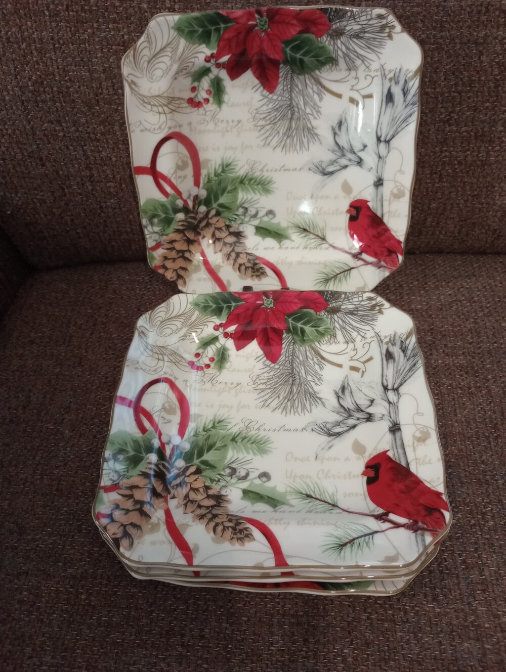 222 Fifth Holiday Wishes Pattern Christmas Holiday 8 5/8 " Square Salad Plates-4